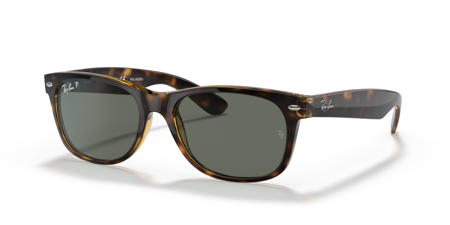 Ray-Ban New Wayfarer Classic Sunglasses RB2132 902/58 - Gloss Tortoise Frame - Polarized Green Classic G-15 Lenses - Size 55-18
